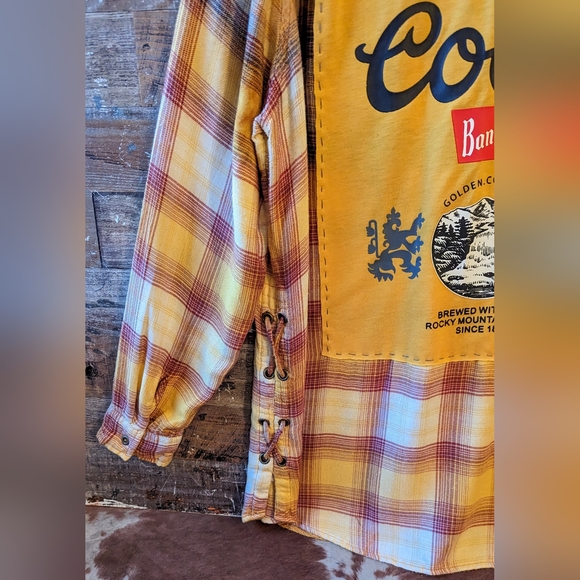 Coors Beer Upcycled Handcrafted Dip Dyed Bleached Flannel Shirt - Picture 5 of 13